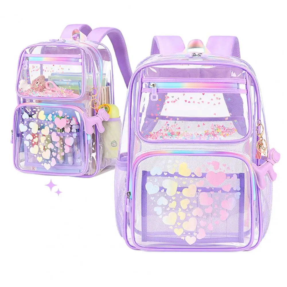 Transparent Backpack for School Waterproof Backpack with Love Heart Prints Main Compartment Front Zipper Pockets for Boys Girls 2