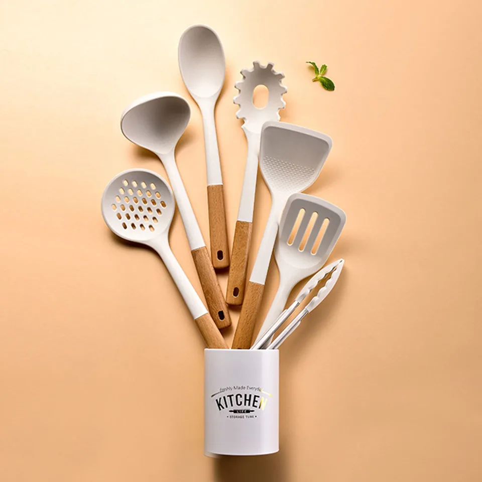 Set Di 2 Cucchiai Da Cucina In Silicone Con Manico In Legno – Utensili Antiaderenti Per Mescolare E Friggere – Foro Per Appendere