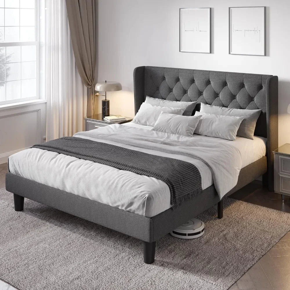 

Full Size Bed Frame With Button Tufted Wingback Headboard Bed Bases & Frames Easy Assembly No Box Spring Needed Dark Grey Queen