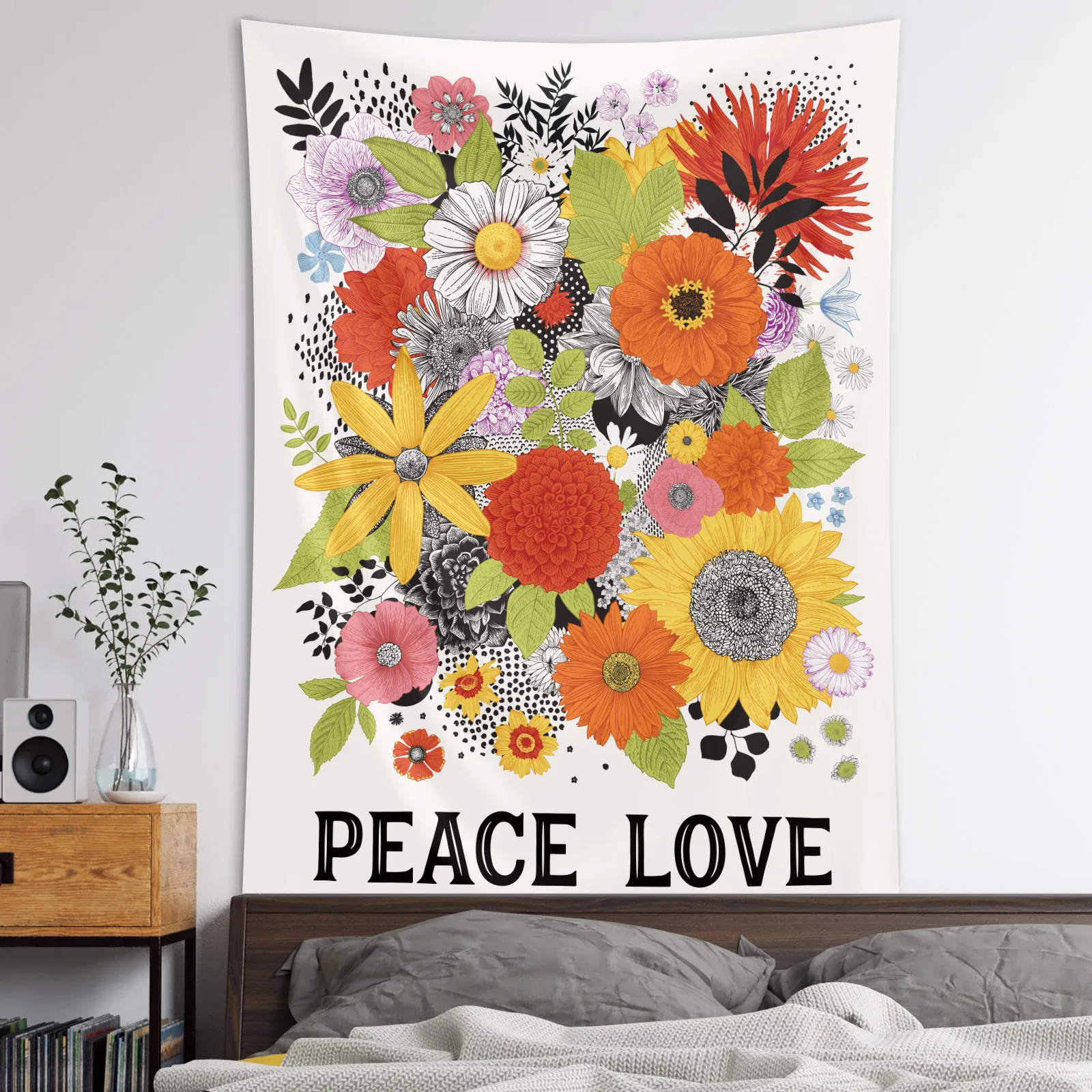 Colorful Floral Tapestry Wall Hanging Wild Flowers Tapestry Peace Love