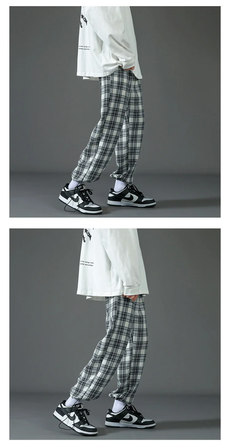 Hybskr 2022 Spring Summer Men Wide Leg Pants Korean Man Casual Joggers Trousers Streetwear Male Plaid Pants Oversized Clothes green cargo pants