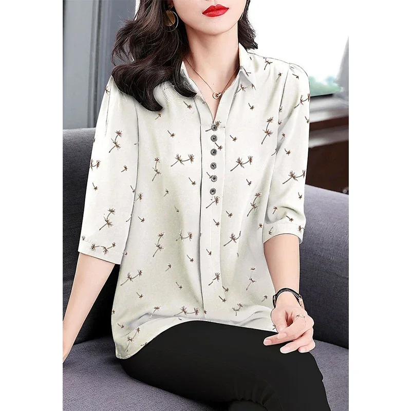 2024 Summer Oversized Printed Casual Fashion Blouse Female Polo-neck Half Sleeve Loose All-match Draped Shirt Top Women Pullover