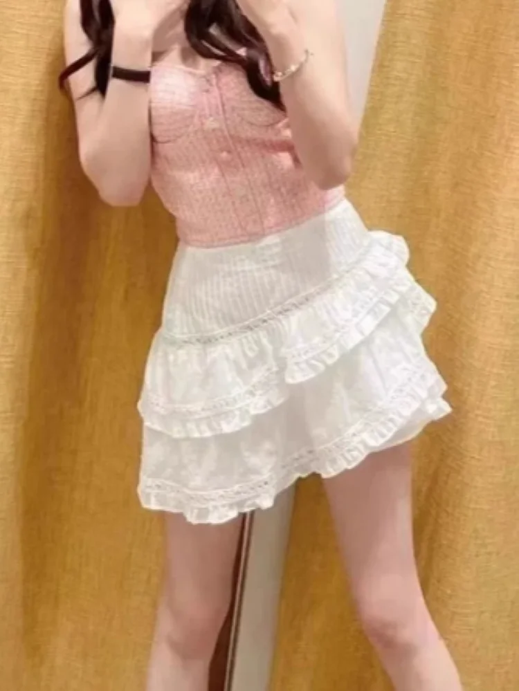 

Женская ажурная мини-юбка, белая Асимметричная кружевная юбка с оборками и эластичным поясом на лето, 2024