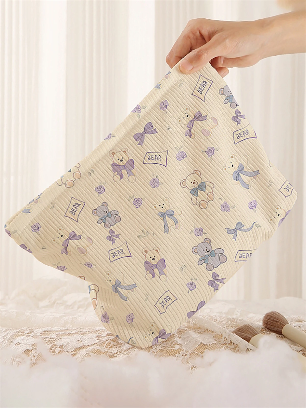 1 cartoon bear pattern corduroy makeup bag, lightweight zipper makeup storage box, multifunctional bag with lining