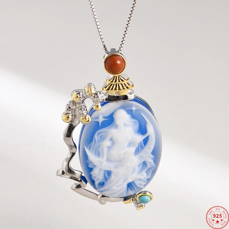 

S925 Sterling Silver Pendants for Women Men New Fashion Inlaid Blue Agate Goddess Relief Classic Jewelry Free Shipping