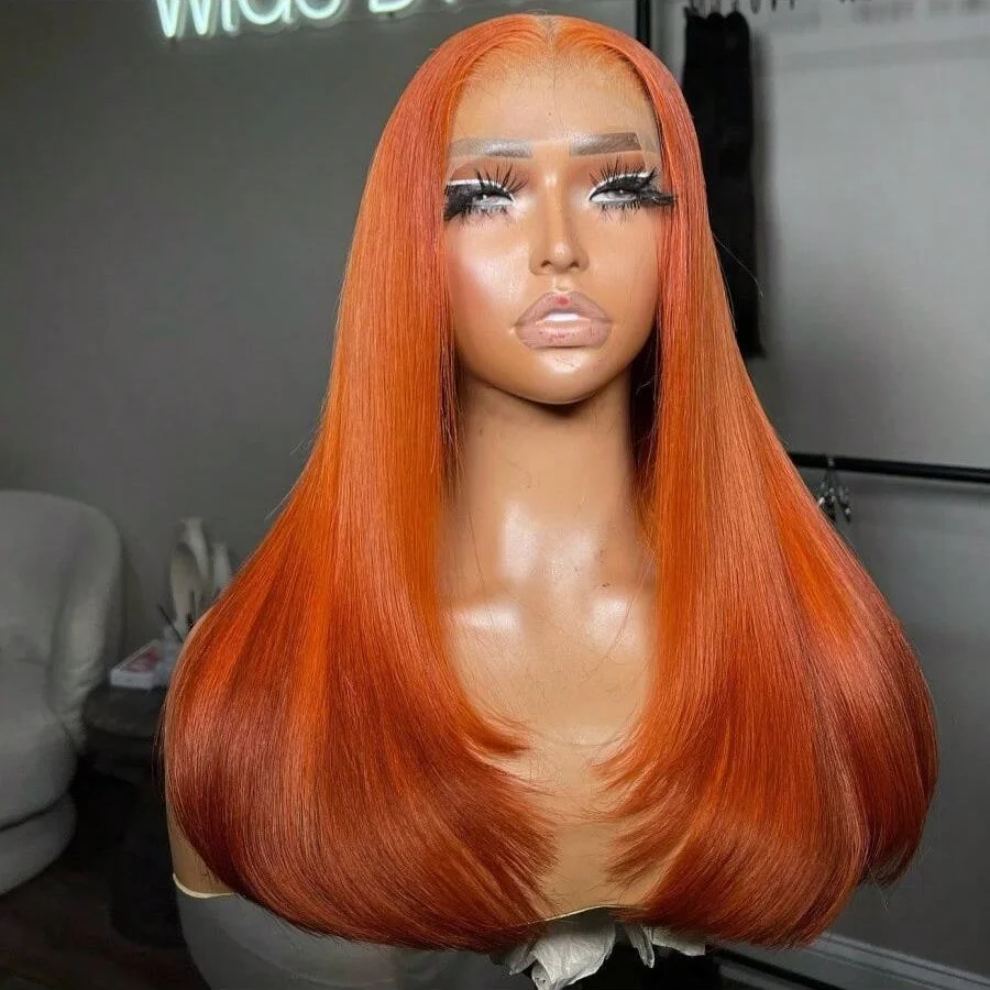 200% 34 Inch Straight Orange Ginger 13x4 Transparent Lace Frontal Wigs Human Hair For Women Pre Plucked With Baby Hair #350 4