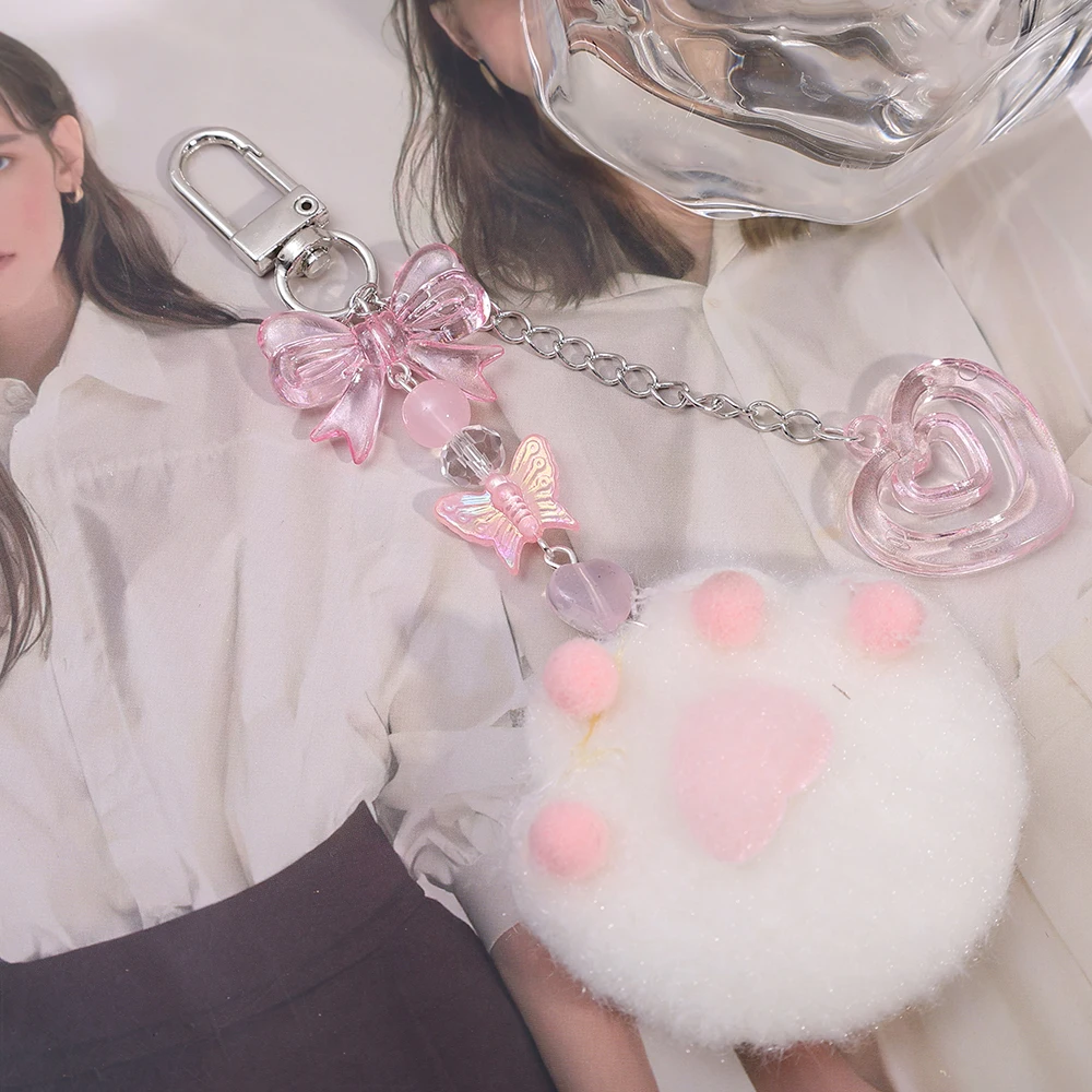 Cute Plush Cartoon Cat Claw Keychain Soft White Pink Key Ring Pendant Backpack Car Pendant Decoration Keyholder Lolita Girls