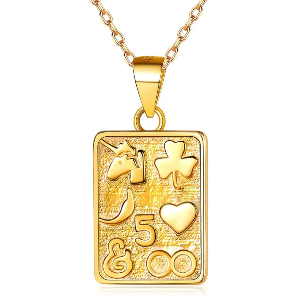 

Gold Plated Poker Pendant Necklace Silver 925 Square Playing Card Lucky Charm Necklace Punk Rock Jewelry for Women