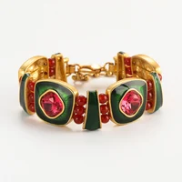 Vintage Green Enamel & Pink Crystal Charm Bracelet for Women - Image 4