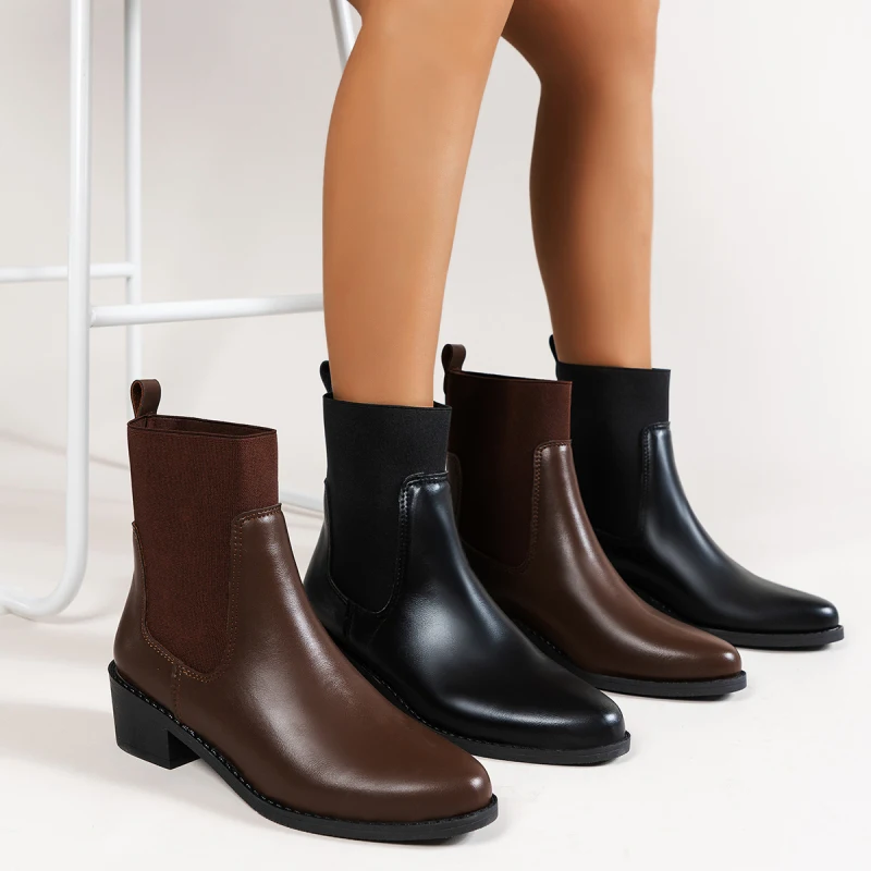 Winter Casual Fashion Round Toe Square Heel Solid Color Non-slip Wear-resistant Comfortable Short Women's Boots Plus Size 42 43