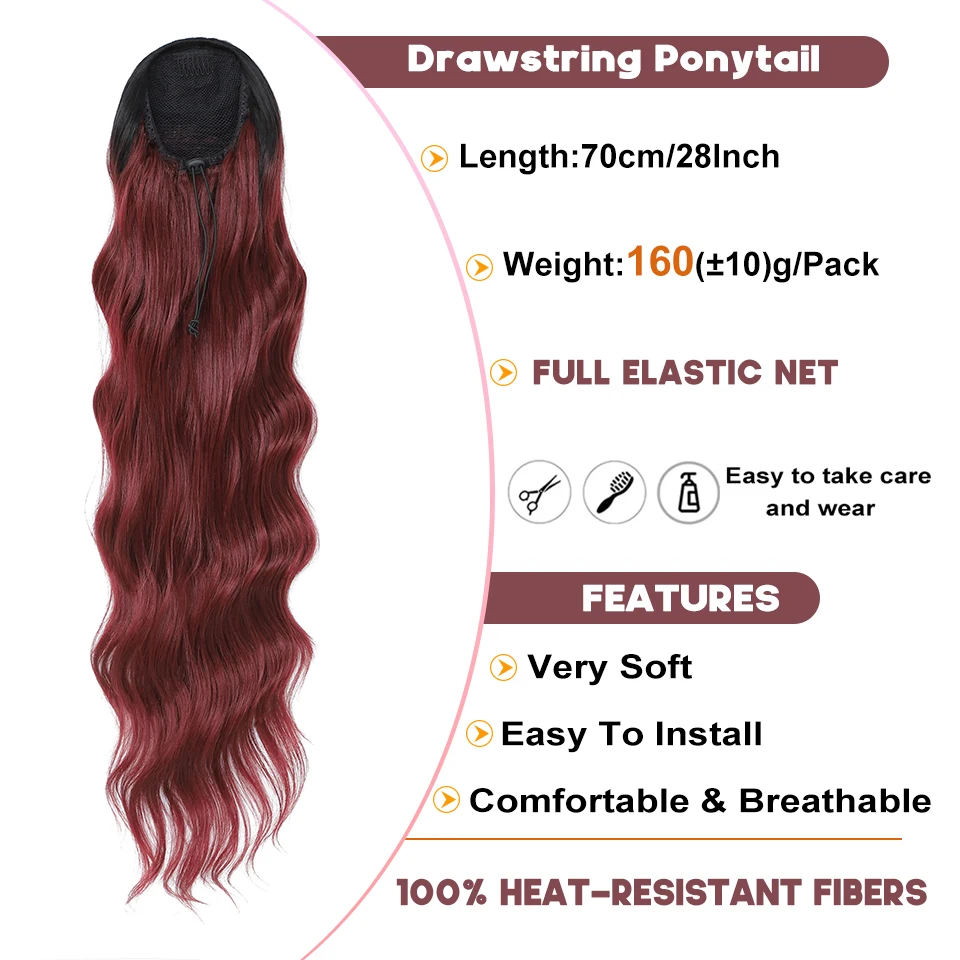 Long Wavy Drawstring Ponytail Synthetic Ponytails For Women Black Blonde Red Ponytail Clip in Hair Extensions For Daily Cosplay synthetic hair extensions,curly ponytail hairpiece