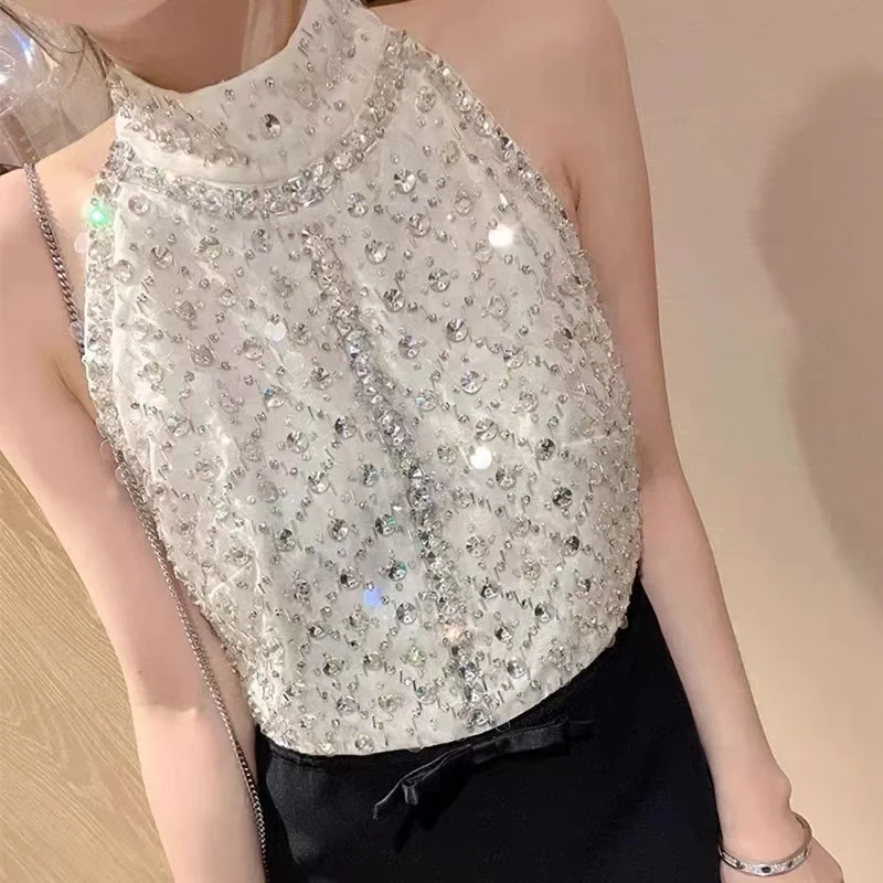 

2023 High-grade Sexy Halter Beaded Sequin High Waist Sleeveless Dress Women Summer Hot Diamond Bow Black Mini Party Dress