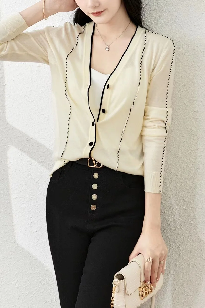 

New Arrival Blouse Shirts 2023 Autumn Winter Tops Ladies V-Neck Color Block Striped Patterns Knitting Beige Black Tops Blouse