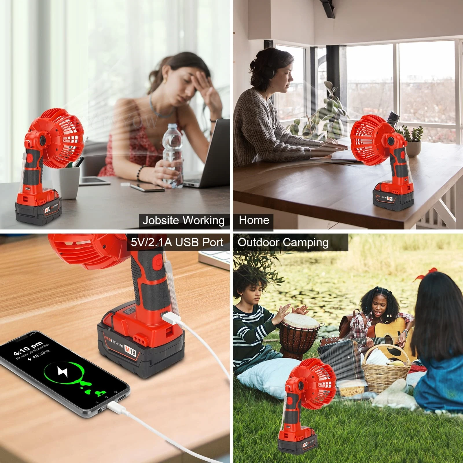 3300RPM Cordless Fan Compatible With Milwaukee 14.4-18V Battery With 300LM LED L