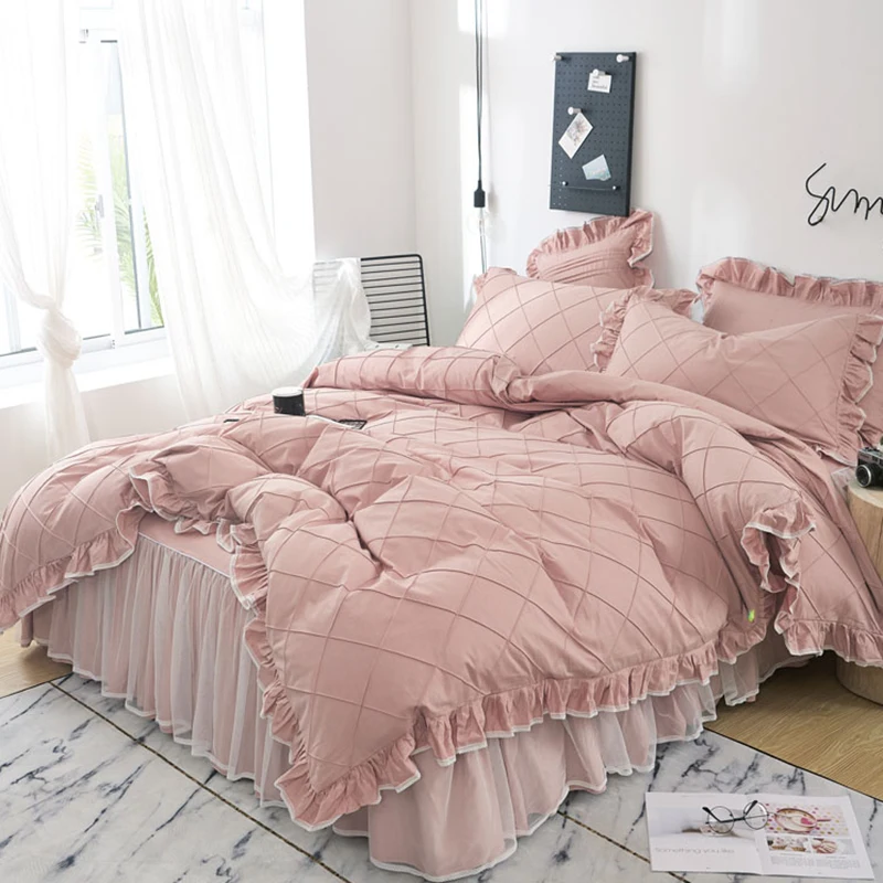 

Four-Piece Cotton Bed Set Pure Cotton 100 Bed Skirt Princess Style Girl Heart Ruffled Minimalist Duvet Cover