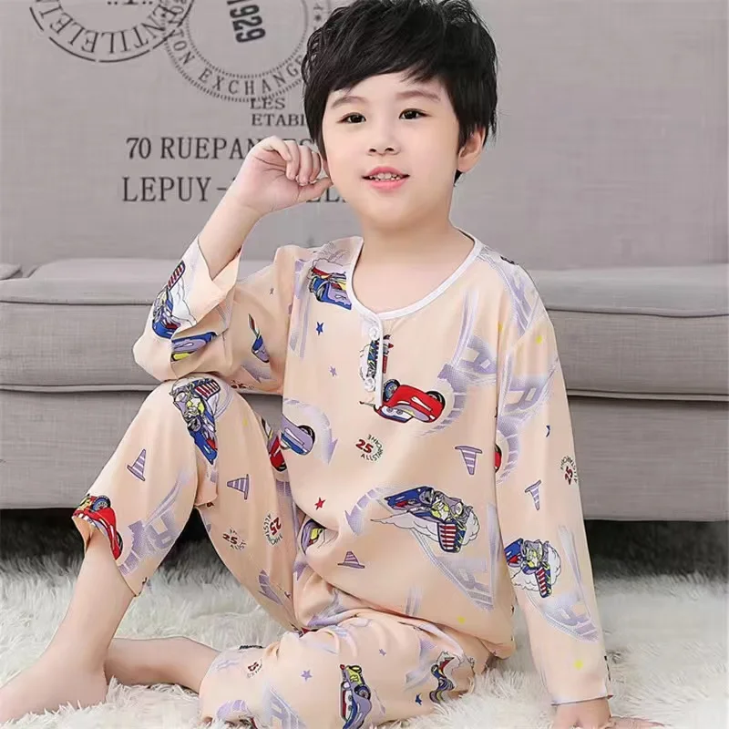 Summer Children's Cotton Silk pajamas Boys And Girls Home Clothes Baby Long-sleeved + Trousers Two-piece Kid's Brethable Suit cute pajama sets	