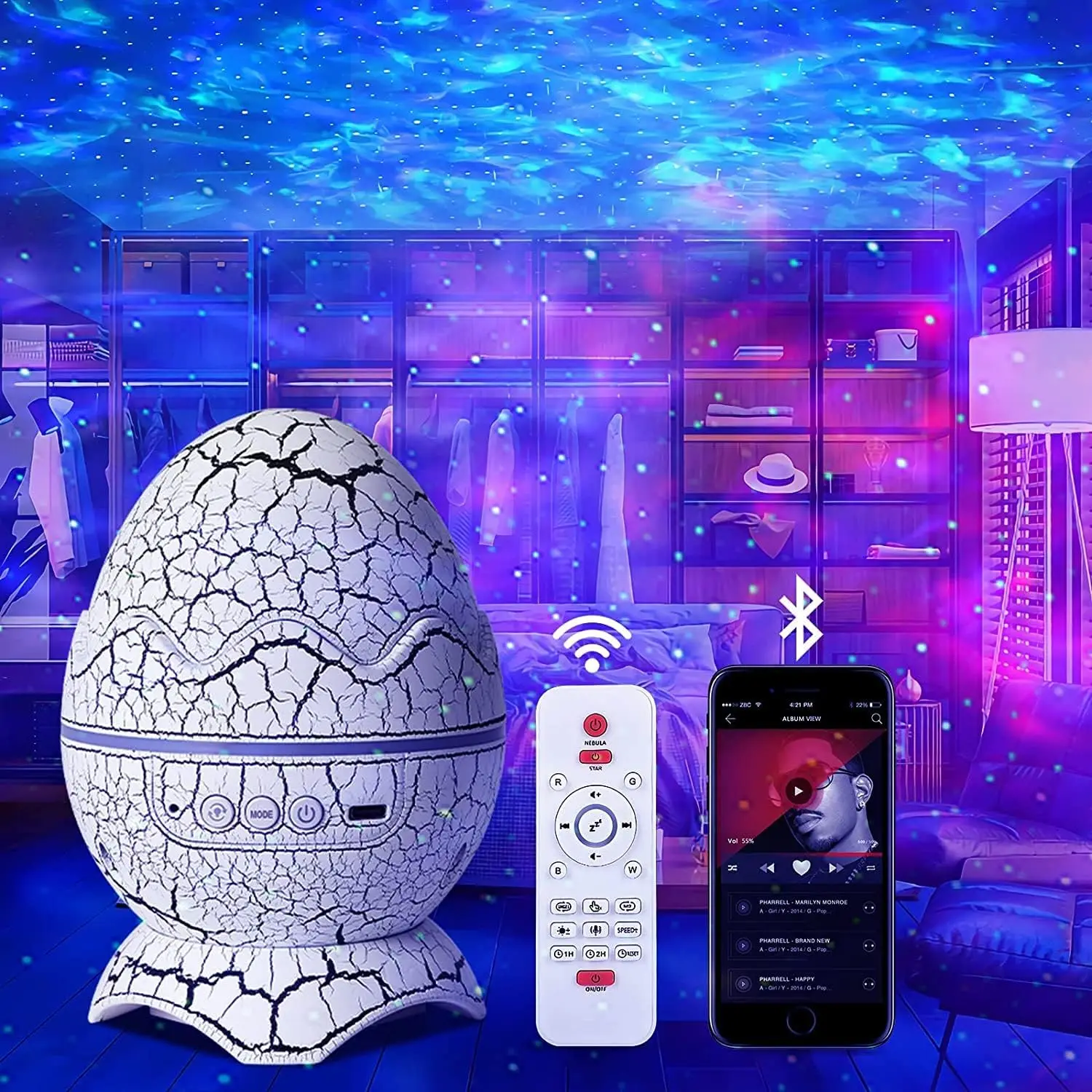 Dinosaur Egg Galaxy Projector - Space Buddy Star Projector Night Light for Kids Adults Bedroom Astronaut Projector with Bluetoot 2