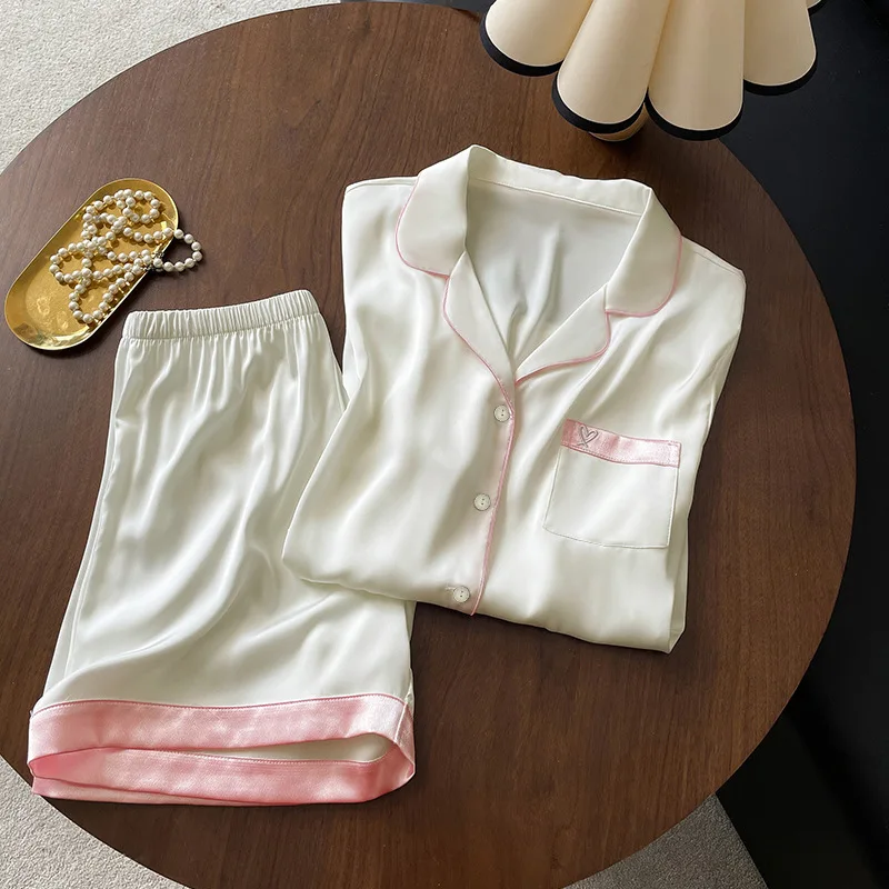 Ling Sweet Summer Girl's Pjs Ice Silk 2 Pcs Homewear Fashion Pajama Short Thin Pajamas for Women Silk Home Set Simple Casual