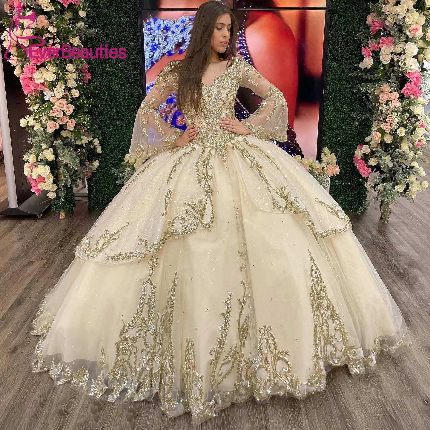 Vestidos De 15 Quincea&ntilde;era Tulle Sequins Quinceanera Dresses for Women Long Sleeves Sweet 16 Ball Gown Prom Dresses Long