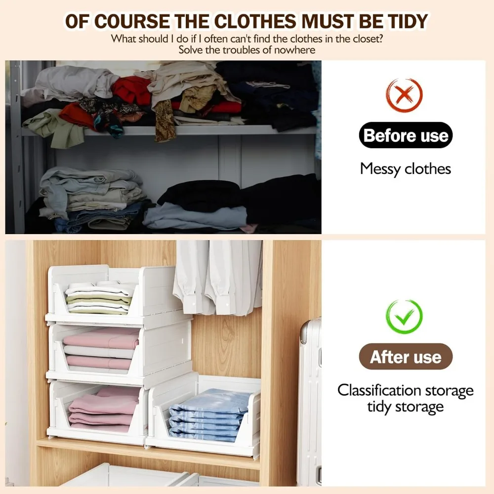 6 Pack Folding Closet Organizers Storage Box, Stackable Storage Bins, Plastic Drawer Basket Closet Storage for Wardrobe Cupboard