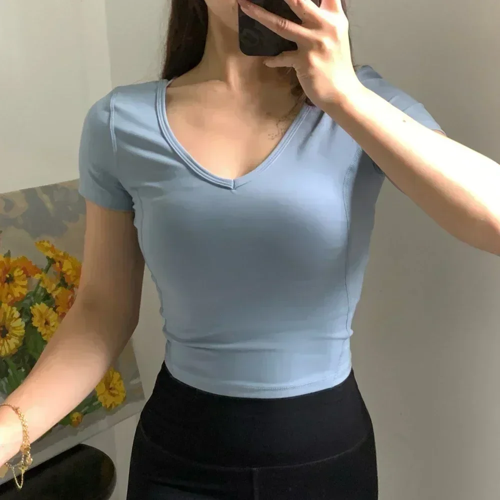 Lemon Women Short Sleeve V Neck Crop Yoga Top Gym Push Up Fitness Sport T-shirts Quick Dry Breathable Running Workout Top Shirt