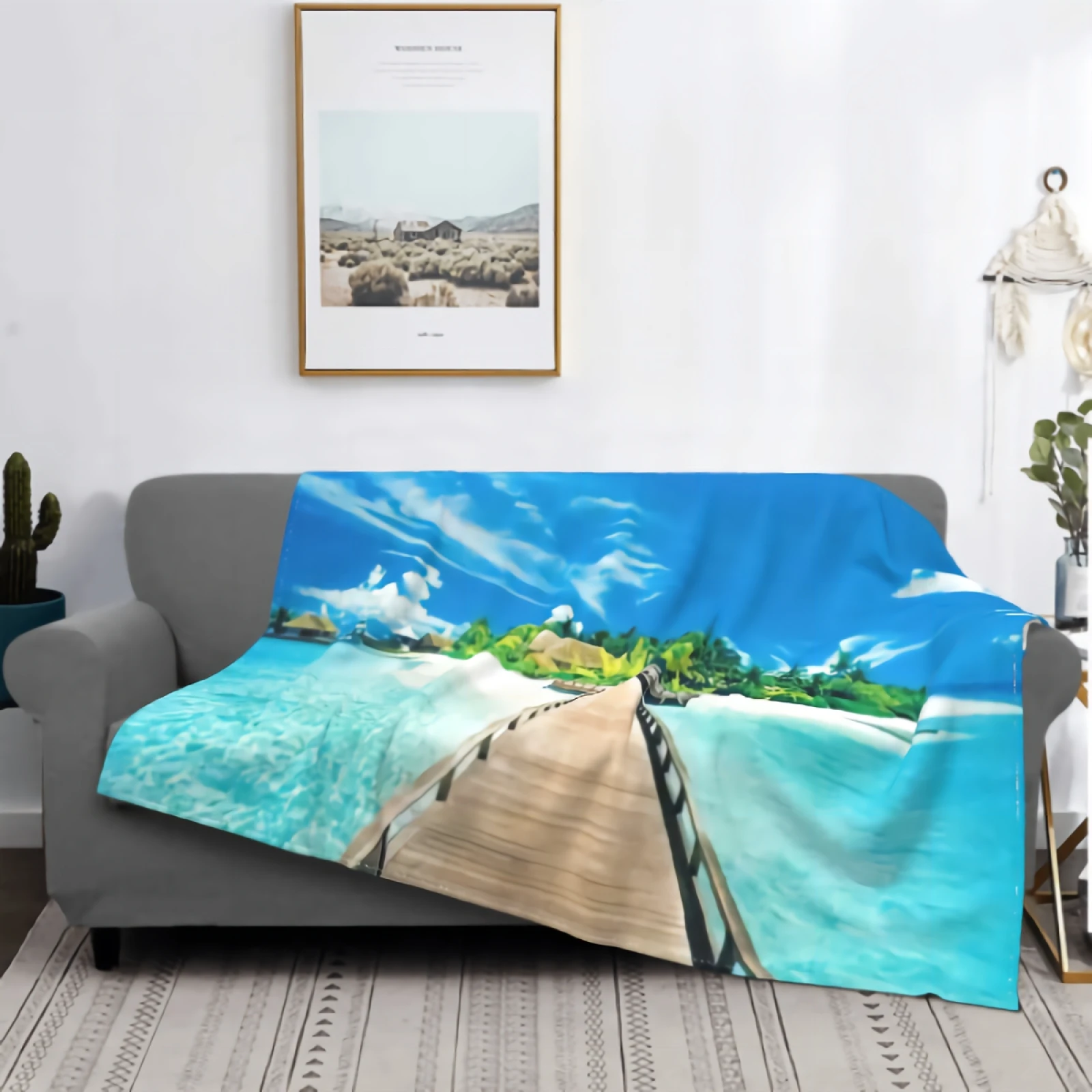 

Sun Beach Ocean Flannel Blanket for Couch Bed Super Soft Cozy Plush Microfiber Fluffy Blanket Lightweight Warm Bedspread 80"x60"