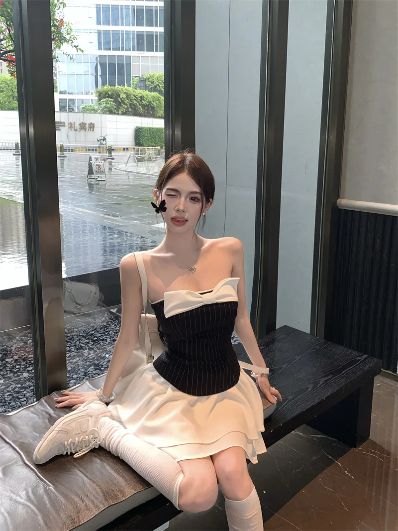 Sexy Striped Patchwork Short Dresses for Women Strapless Layered Ruffles A-line Bow Birthday Party Dress Korean Fashion Vestido