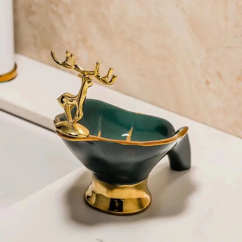 Soap Holder Shower Soap Tray Soap Dish Rack Luxury Gold Deer Ceramic Soap Dish Holder Drain Portable Home Bathroom Hotel Soap Box Tray Bathroom Accessories Crafts