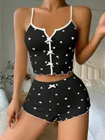 Women's Cute Pajama Set Heart Print Lettuce Trim Bow Front Cami Top and Shorts Pj Set Soft Sleepwear - Image 6