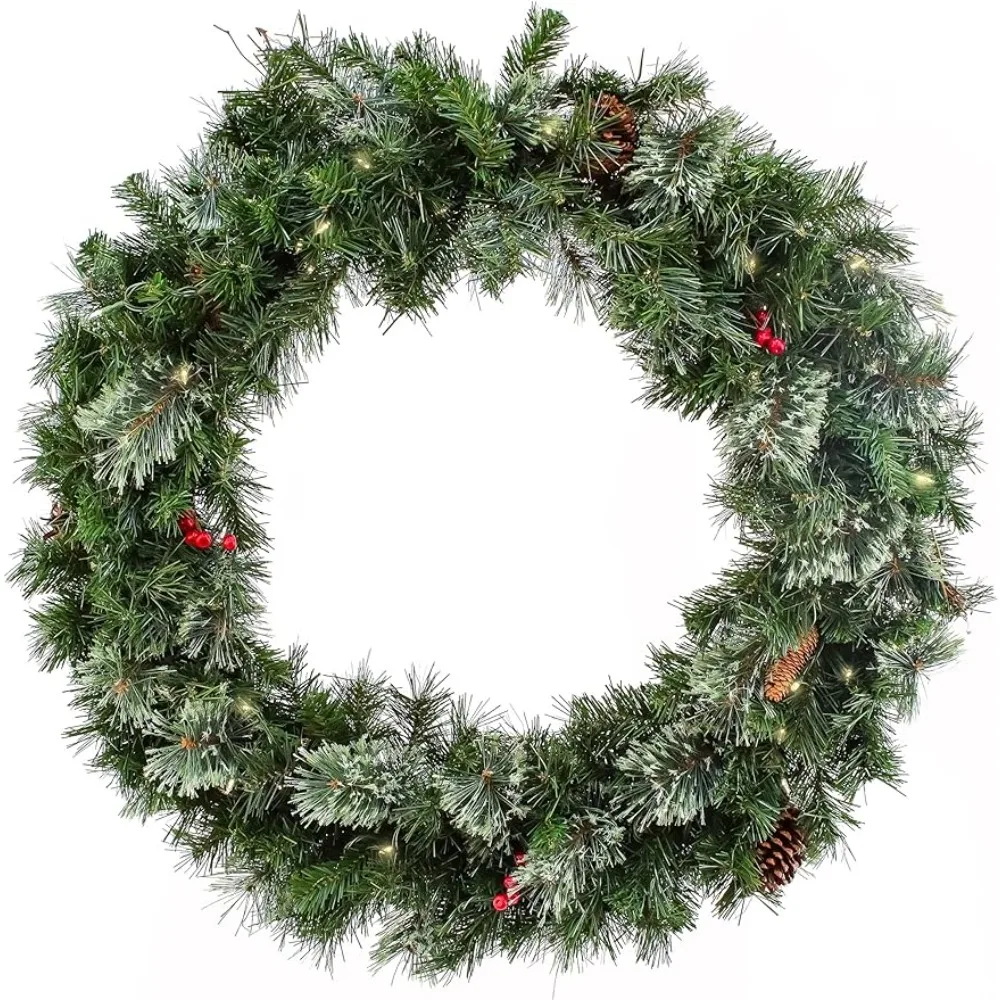 

Artificial Glistening Pine Christmas Wreath with Red Berries and Pinecones, Pre-Lit with Warm White LED Lights, 36 in