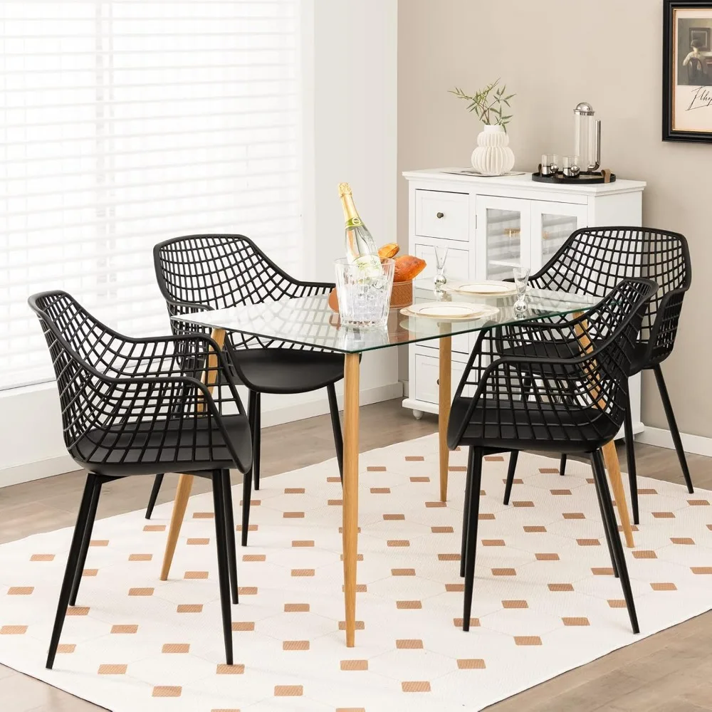 Modern Dining Chairs Set of 4 - Black Arm Chair with 15" High Backrest, Powder-Coated Metal Legs, Anti-slip Foot Pads 2