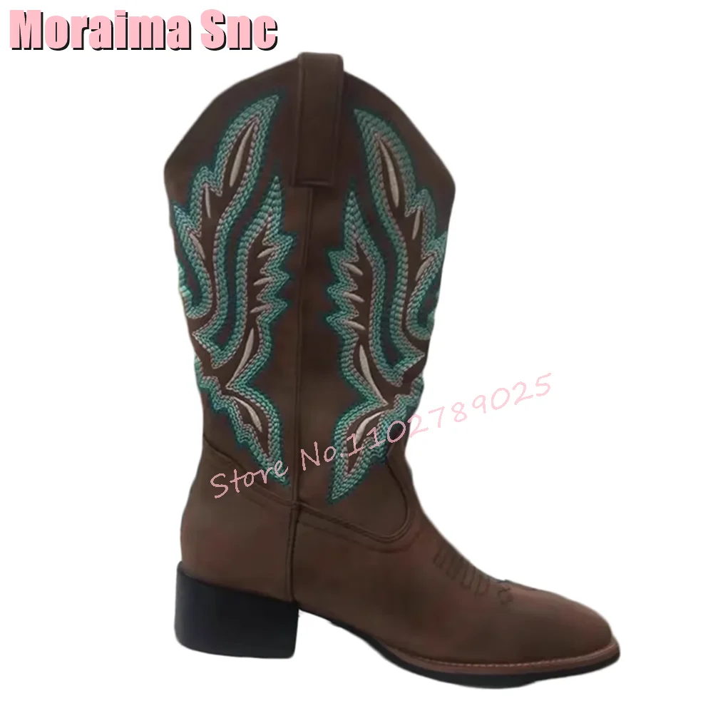 Vintage Embroidery Western Boots Block Mid Heel Slip On Fashion Brown Square Toe Women Mid-Calf Boots Autumn Winter Newest 2023