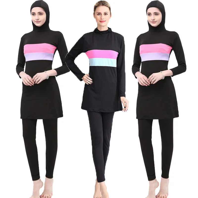 

2pcs Women Stripe Printed Muslim Swimwear Hijab Muslimah Islamic Swimsuit Swim Surf Wear Sport Burkinis Ramadan Plus Size 5XL