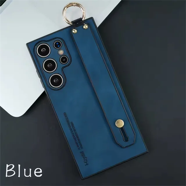 Leather Phone Case with Wristband Holder and Silicone Bumper Ring Buckle Bracket Cover