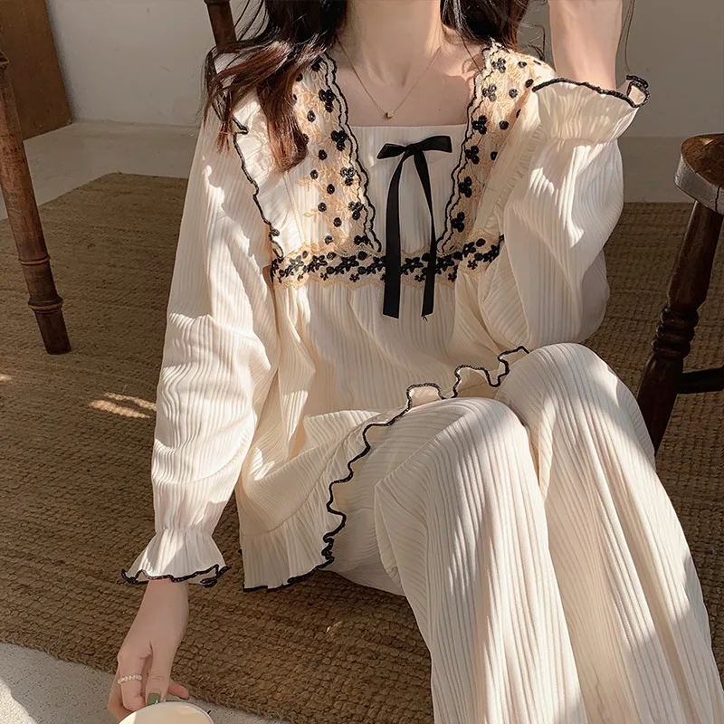 Lady's Pajama Retro Sets Sweet Striped Ruffles Long-sleeved Top With Bow Trousers Two-piece Sleepwear Suit Lace Cotton Homedress