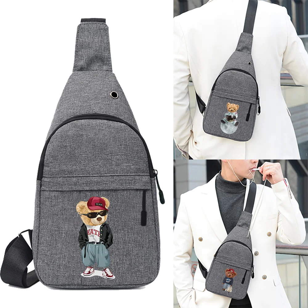 

Crossbody Bags Men Chest Bag School Summer Short Trip Messengers Bag Handbag Print Bear Pattern Shoulder Bags USB Charging