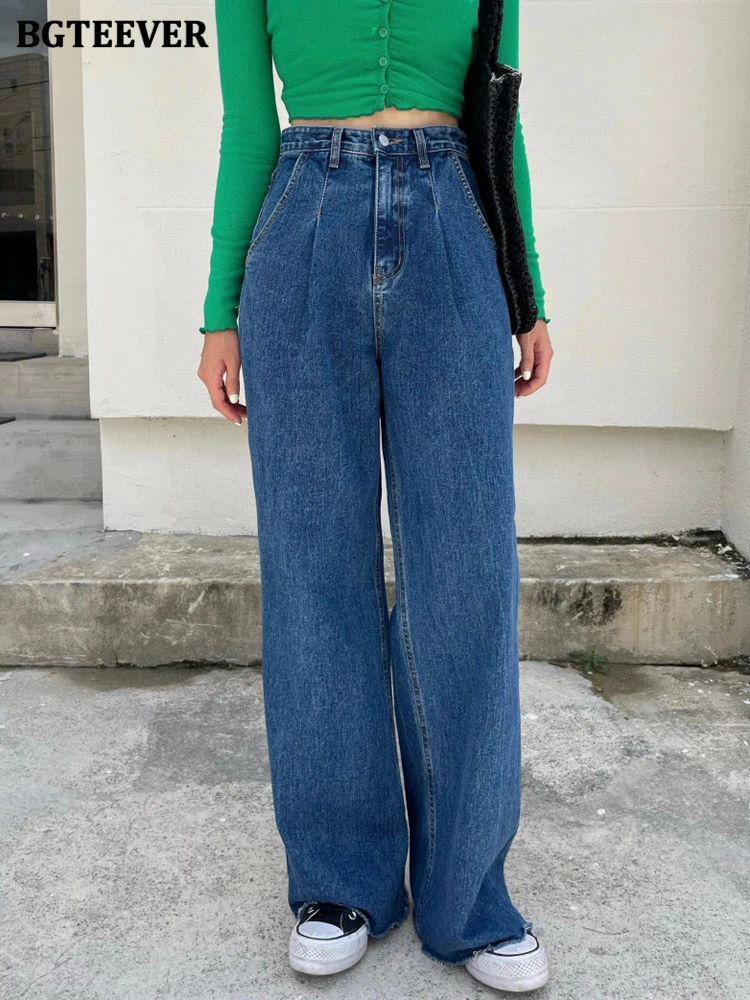 

BGTEEVER Streetwear Loose One Button Wide Leg Denim Trousers Women High Waist Straight Long Jeans Pants Female Spring Autumn