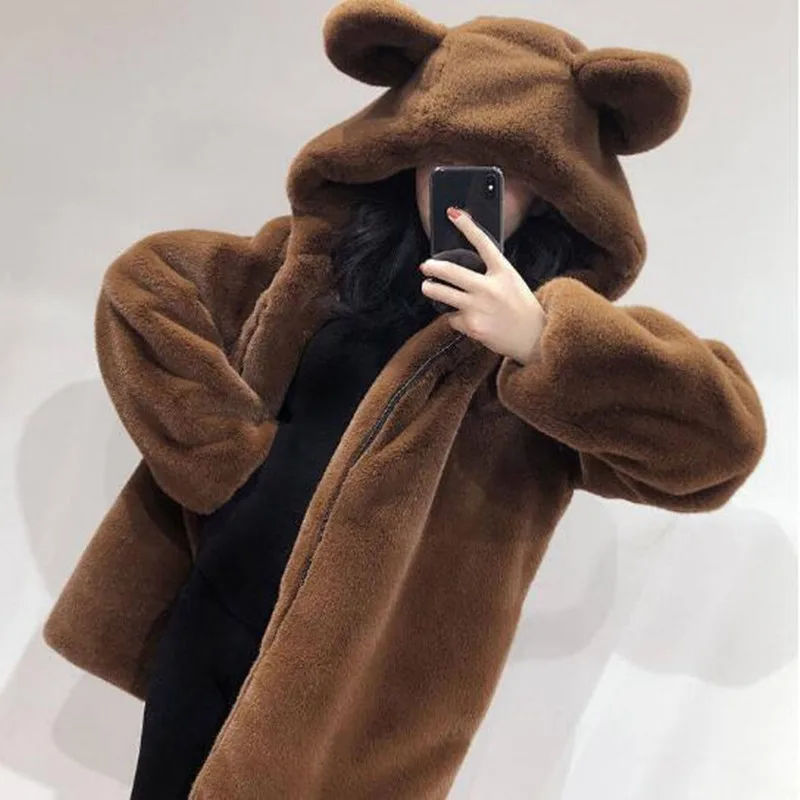

2023 Winter new cute bear ears furry thick warm loose imitation mink hair in the long imitation fur woman