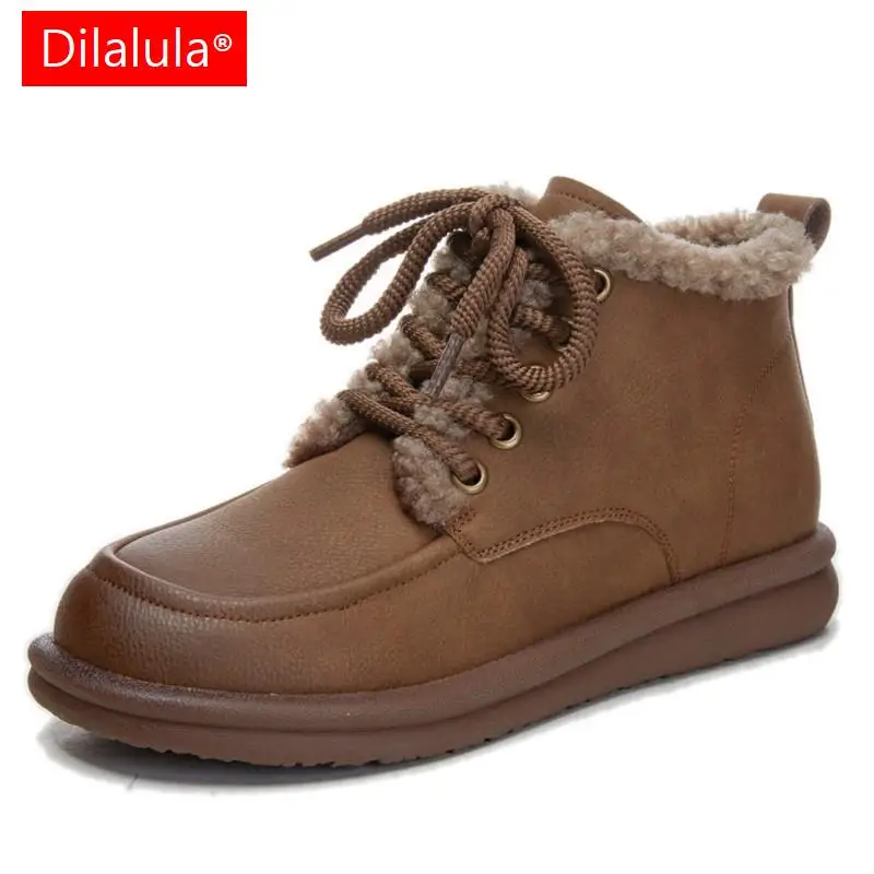 

Dilalula Winter Women Ankle Boots Cross-Tied Genuine Leather Warm Wool Snow Boots Round Toe Casual Working Concise Shoes Woman