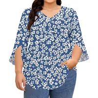 Plus size T-shirts women's fashion printed tops v-neck three-quarter sleeves t shirts spring autumn casual pullover tops - Image 3