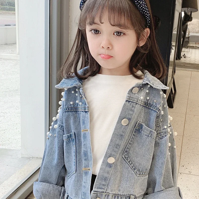 여아용 진주 비즈 데님 재킷, 패션 코트, 어린이 의류, 가을 소녀 의류, 겉옷 진 재킷 코트