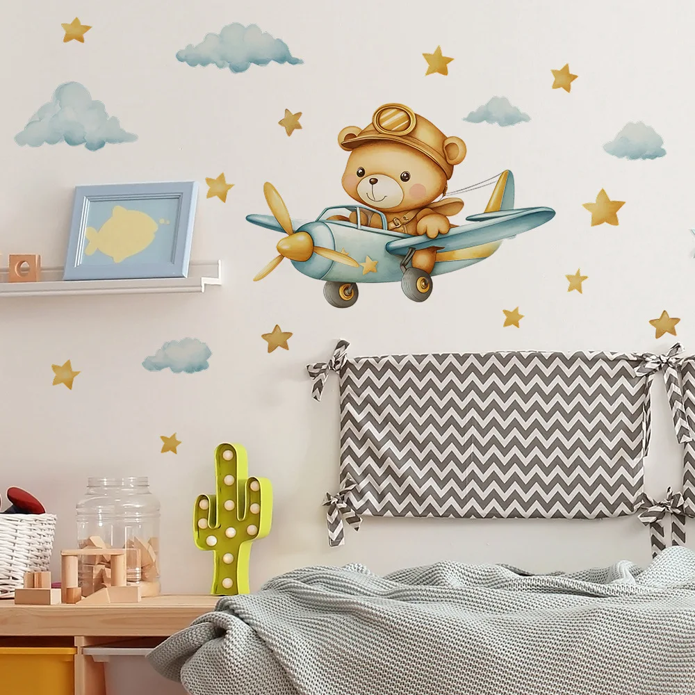 Cartoon Bear Airplane Wall Stickers Child Room Background Decoration Mural Kids Bedroom Home Decor Self-adhesive Nursery Decals