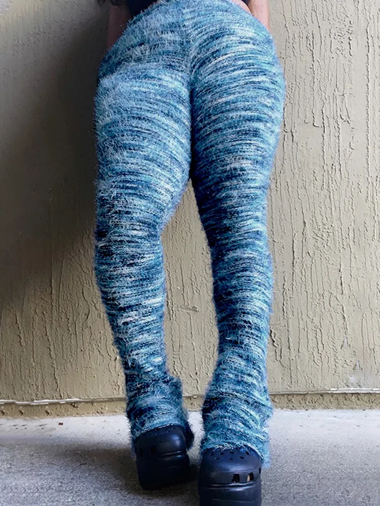 

Cute Fashion Colorful Stripe Fuzzy Stacked Long Pants High Street Clothes For Girls Mid Waist Bodycon Versatile Stretch Trousers