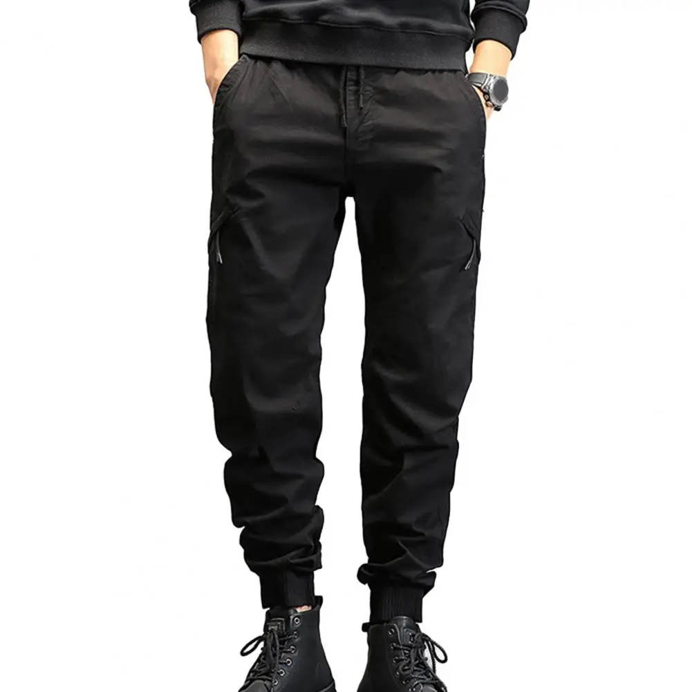 

Men Loose Trousers Breathable Mid Waist Men's Cargo Pants with Elastic Drawstring Ankle-banded Loose Fit Multiple Pockets Men