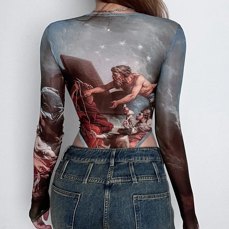 Ancient Greek Bodysuit Women Jumpsuit Summer Print Sheer Onesie Personality Slim Elastic V-neck Long Sleeve Shapewear Bodyshaper