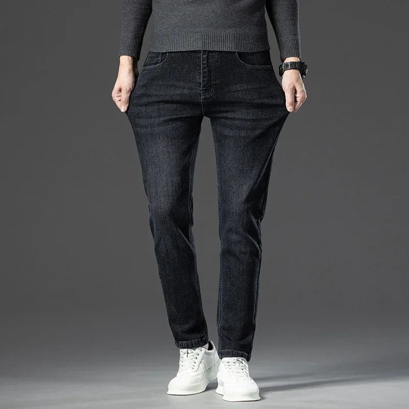 2024 Autumn New Men's Business Jeans High Elasticity Straight Denim Trousers Men's Pants Work Clothes Haze Blue Black Gray Brand 5