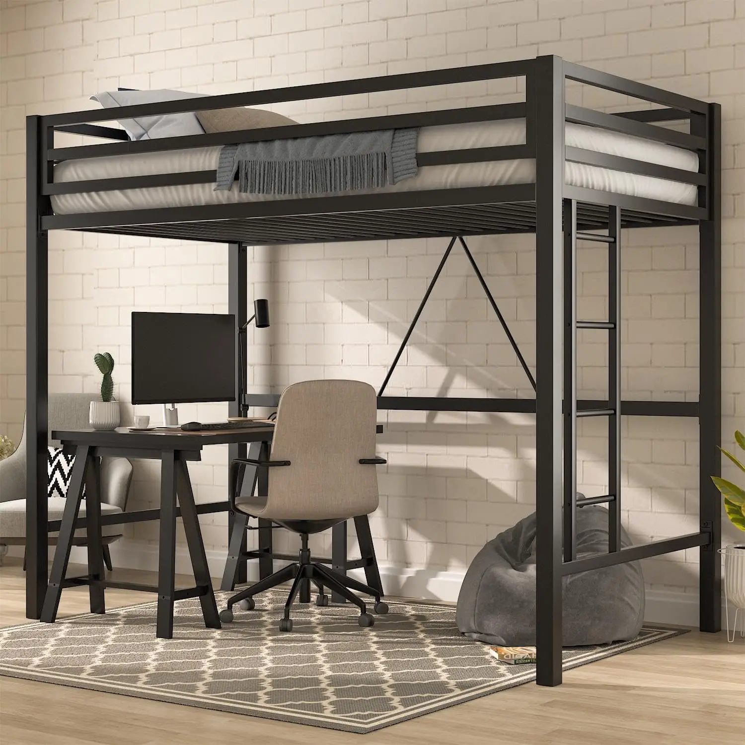 

Loft Bed Frame for Juniors&Adults, Metal Twin Size with Safety Guardrail&Removable Ladder, Space-Saving, Noise Free, Matte Black
