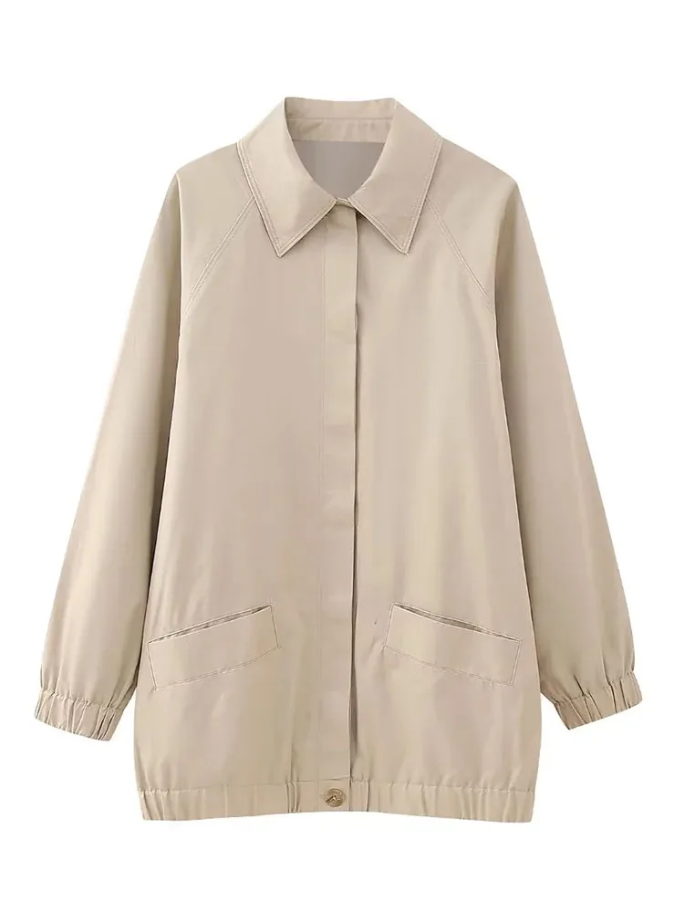 

ZADATA 2023 Autumn and Winter women's new Nordic simple style tooling pocket loose casual all-match windbreaker mid-length lapel