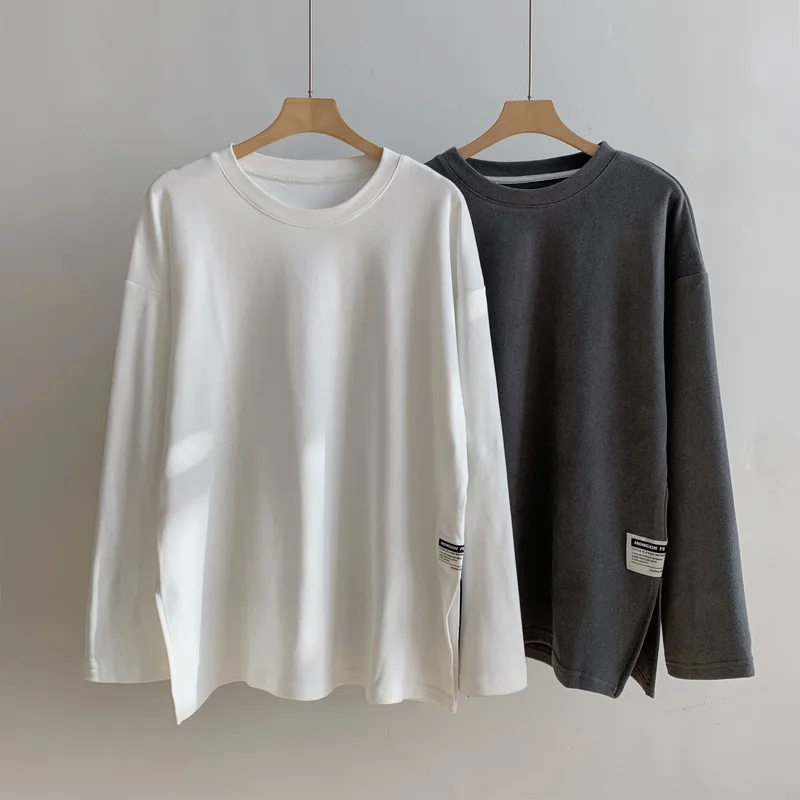 

Korean style fashion personality long-sleeved label bottoming shirt German velvet brushed T-shirt women's round neck loose top
