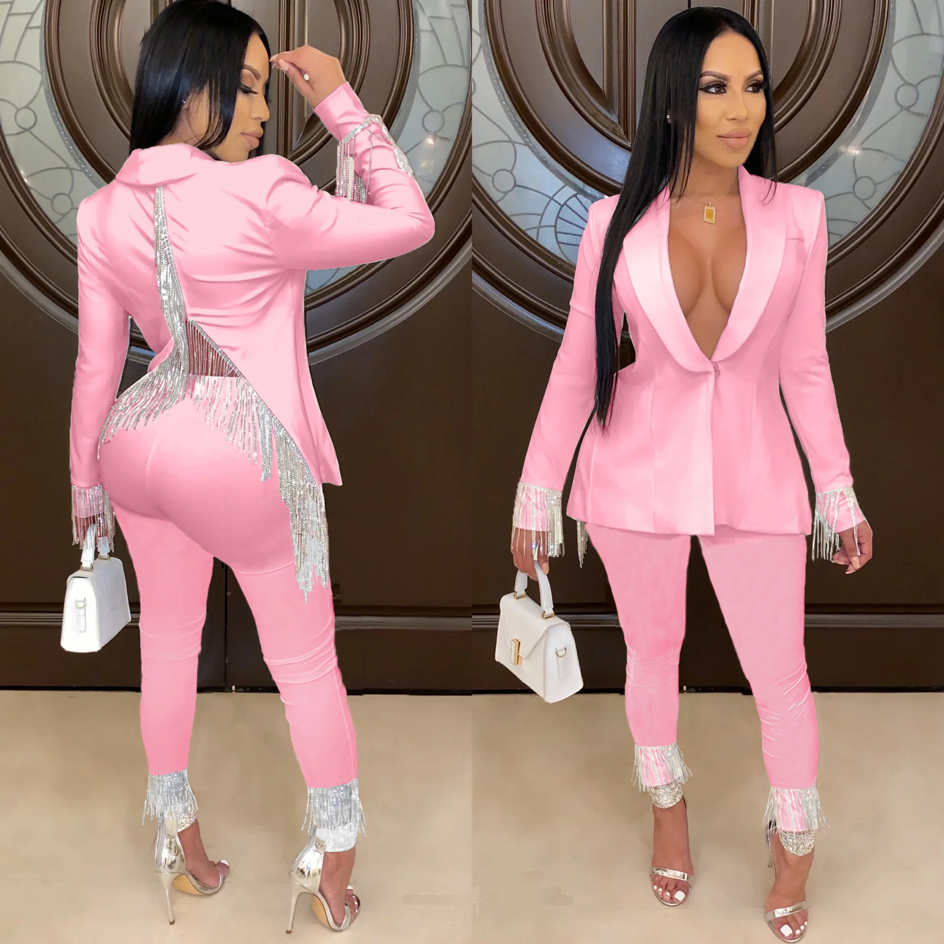 Sexy Backless Tassel Blazer 2023 Women Fashion Solid Colors Single Button Top+Pant Casual Office Professional Two-piece Suit